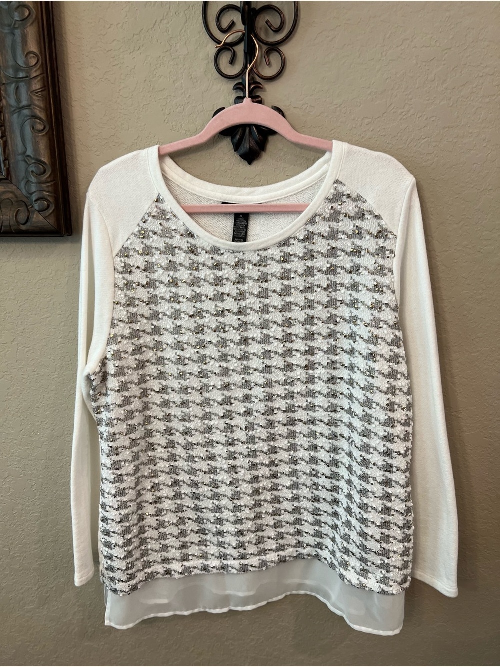 Style & Co. White and Silver Sequin Houndstooth Long-Sleeve Sweater Size XL